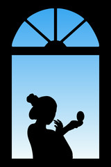 Sticker - Making makeup near window. Vector illustration with isolated silhouette of girl with mirror. Blue pastel background.