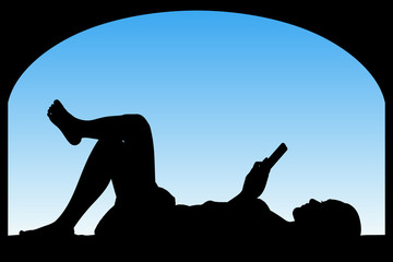 Sticker - Lying girl near big window. Vector illustration with isolated silhouette of woman with mobile phone. Blue pastel background