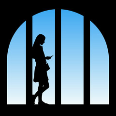 Sticker - Standing girl at big city window. Vector illustration with isolated silhouette of woman with mobile phone. Blue pastel background