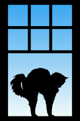 Sticker - Cat stretches near kitchen window. Vector illustration with isolated silhouette of cat arching back. Blue pastel background