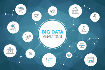 Fototapete - Simple infographic for big data analytics concept with stroke icons and blue accent isolated on dark teal polygonal background. Easy to use for your website or presentation.