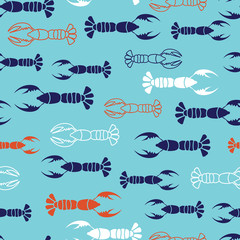  Navy, orange, white lobster marine design with blue background. Seamless vector repeat pattern.