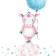 A cute unicorn is staying on the cloud with turquoise balloon and stars. Children's hand drawn illustration.