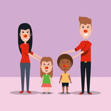 Cartoon Woman And Man With Kids With Red Noses Over Purple Background, Colorful Design. Vector Illustration