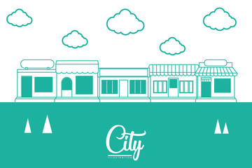 Sticker - city design with stores and clouds over colorful line design. vector illustration