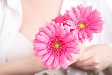 Female medical care concept, pink flower gerbera in hand