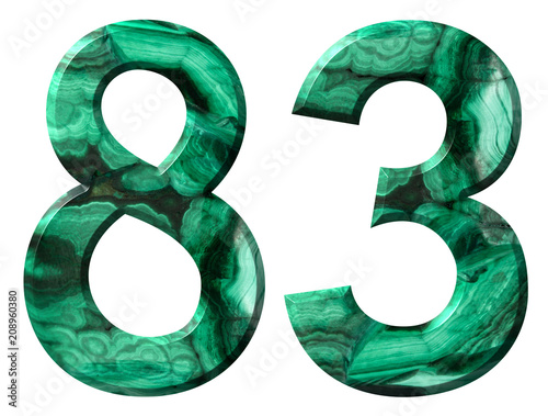 Fotografia Arabic numeral 83, eighty three, from natural green malachite, isolated on white