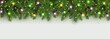 Christmas and New Year banner of realistic branches of Christmas tree, garland with glowing light bulbs, holly berries, serpentine