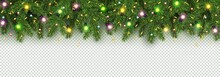 Christmas And New Year Banner Of Realistic Branches Of Christmas Tree, Garland With Glowing Light Bulbs, Holly Berries, Serpentine