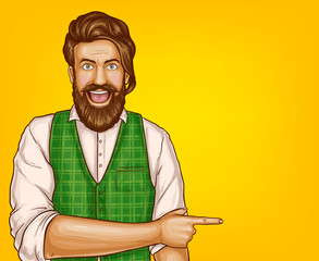 Wall Mural - Vector pop art brown haired man with beard in shirt and waistcoat points with finger at sales, discounts. Shocked, surprised character isolated on yellow background. Sale, ad poster, banner.