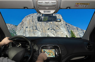 Wall Mural - Driving using GPS towards El Capitan, Yosemite National Park, USA