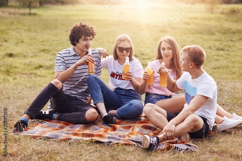Fotografie, Obraz Four youngsters have fun together, drink cold beverage, sit on plaid at green grass, talk with each other, share impressions after travelling, have picnic together