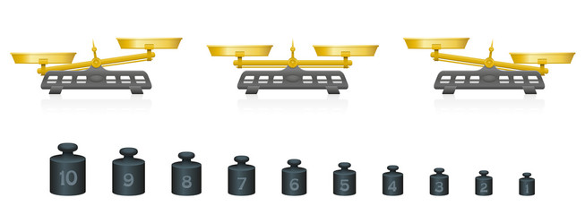 Wall Mural - Weighing scale with equal and unequal weightiness and ten different weights from one to ten. Isolated vector illustration on white background.