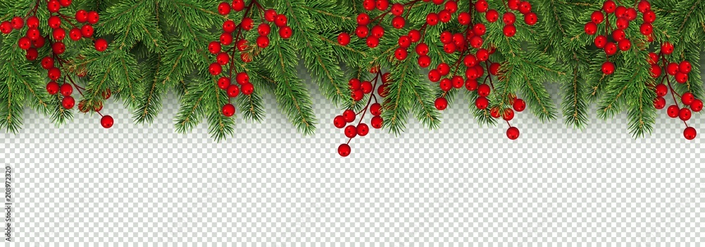 Christmas and New Year border of realistic branches of Christmas tree and holly berries - obrazy, fototapety, plakaty 