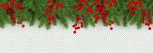 Christmas And New Year Border Of Realistic Branches Of Christmas Tree And Holly Berries
