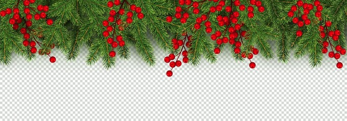 Christmas and New Year border of realistic branches of Christmas tree and holly berries