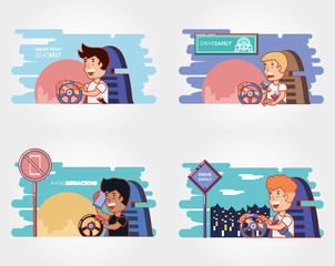 Sticker - people driving with driver safely icons vector illustration design