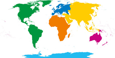 Six continents, world map. Africa, America, Antarctica, Asia, Australia and Europe. Outline and colored shapes. Robinson projection. Isolated on white background. Vector.