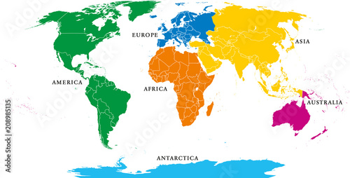 Six continents, political world map, with borders Tableau sur Toile