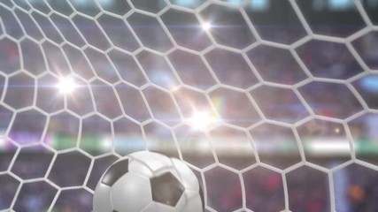 Wall Mural - soccer ball flies into the goal with camera flashes. beautiful 3d animation in slow motion, 4k.