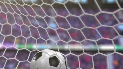 Wall Mural - soccer ball flies into the goal. beautiful 3d animation in slow motion, 4k.