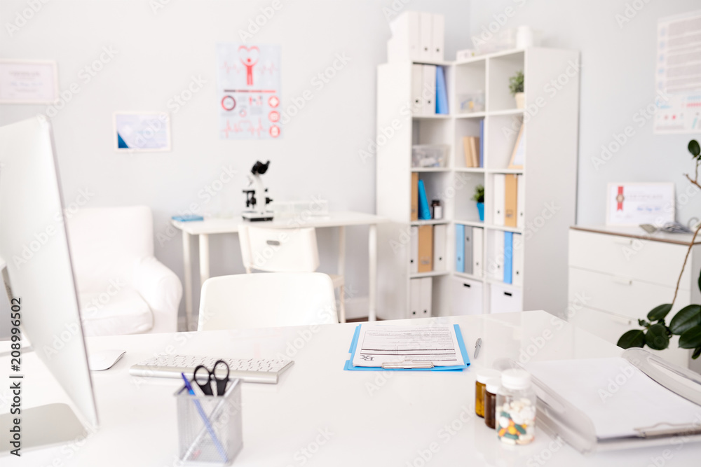 Background image of empty white doctors office interior in modern ...