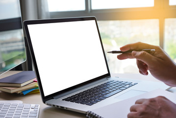 Fototapete - Laptop with blank screen on table. Workspace background new project on laptop computer with blank copy space screen for your advertising text message