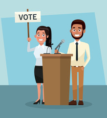 Sticker - Politicians teamwork in vote campaign cartoons vector illustration graphic design