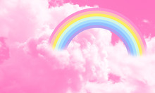 Cotton Candy Sky Pink Background Illustration, Rainbow In The Clouds.