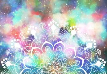 Wall Mural - Abstract mandala graphic design and watercolor digital art painting for ancient geometric concept background