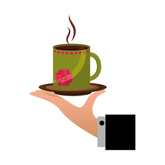 Wall Mural - hand holding decorative flower hot coffee cup on dish vector illustration