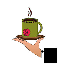 Wall Mural - hand holding decorative flower hot coffee cup on dish vector illustration