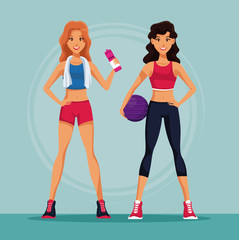 Two fitness womens with sport wear vector illustration graphic design