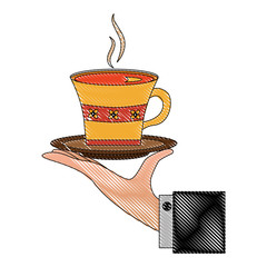 Wall Mural - hand with delicious tea cup with dish vector illustration design