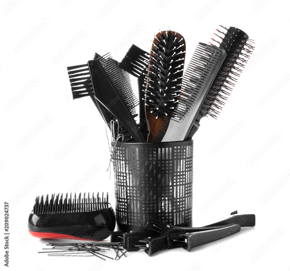 Professional hairdresser's set on white background
