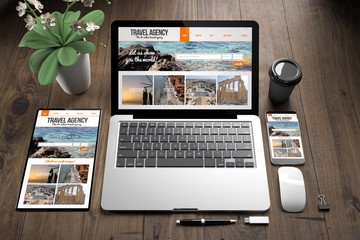 Fototapete - devices on wooden floor travel agency