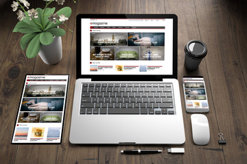 Fototapete - devices on wooden fllor magazine website