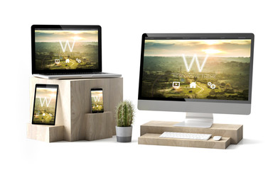 Fototapete - wooden cubes devices isolated technology template responsive website