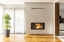 Fireplace On Brick Wall In Bright Living Room Interior Of House With Plant And Windows. Real Photo