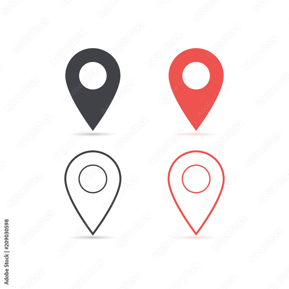 Map location red and red icon isolated with soft shadow. Element for design ui app website interface. Blank template. Location pin - obrazy, fototapety, plakaty 