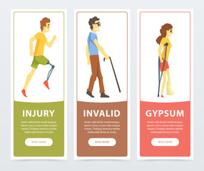 Sticker - Disabled people banners set, man with prosthetic leg, blind man, woman on crutches with broken leg, injury, invalid, gypsum flat vector ilustrations, element for website or mobile app