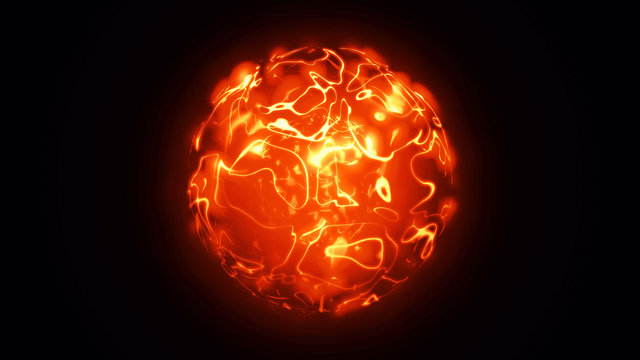 Wall Mural - 3d animation of abstract isolated fiery red and orange magical orb. Burning sphere with plasma ring on black background. Magic and power concept object. Shiny colorful VFX design element in 4K.