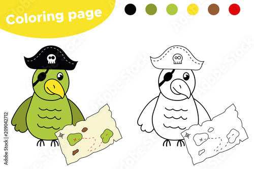 Coloring Page For Children Cute Pirate Parrot With Treasure Map