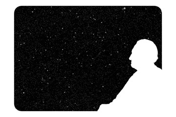 Sticker - Old man looks out window at night. Vector illustration with silhouette of passenger on train under starry sky. Inverted black and white.