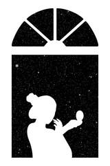 Sticker - Making makeup near window at night. Vector illustration with silhouette of girl with mirror under starry sky. Inverted black and white
