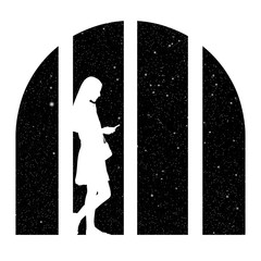 Sticker - Standing girl at big city window at night. Vector illustration with silhouette of woman with mobile phone under starry sky. Inverted black and white