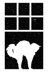Sticker - Cat stretches near kitchen window at night. Vector illustration with silhouette of cat arching back under starry sky. Inverted black and white