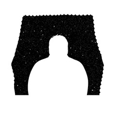 Sticker - Man looks out window at night. Vector illustration with silhouettes of man and wavy curtains under starry sky. Inverted black and white.