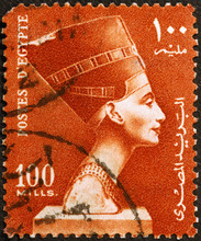 Head Of Nefertiti On Red Egyptian Postage Stamp