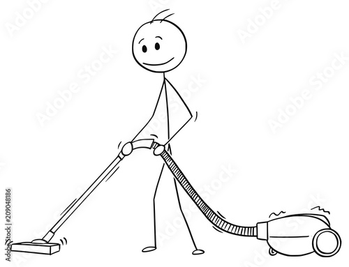 Cartoon stick drawing conceptual A cartoon man is using a vacuum cleaner